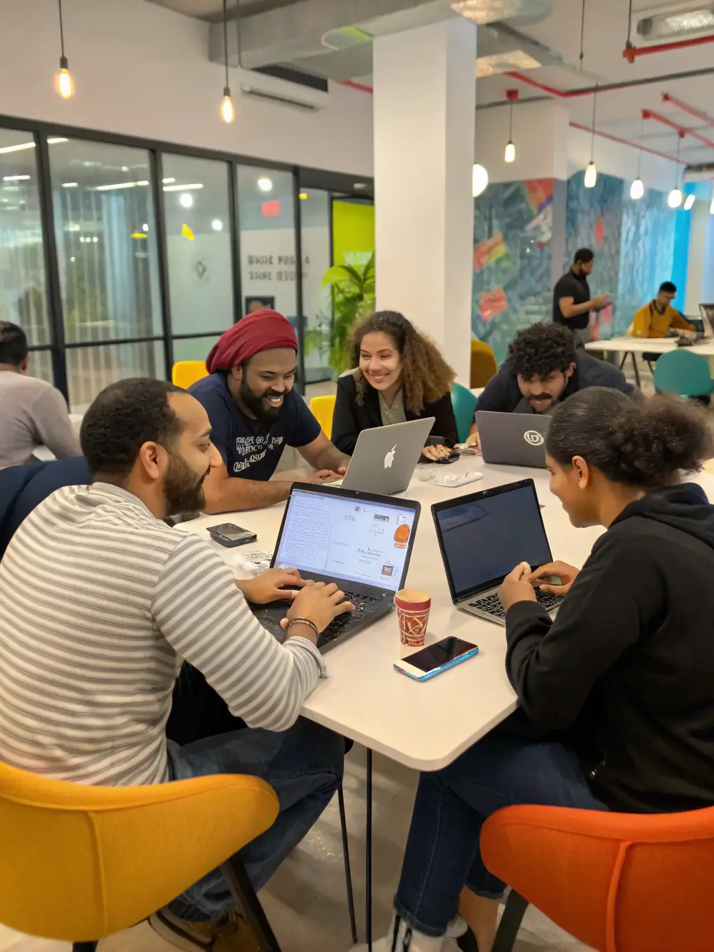 A diverse group of people of different ages and backgrounds are gathered around a table, working together on tablets and laptops, with smiles on their faces, in a brightly lit, modern community center. This image represents digital inclusion and community engagement.
